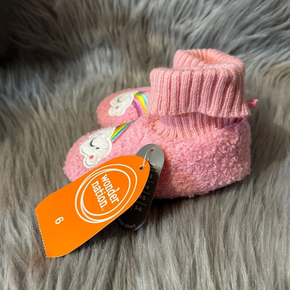 Wonder Nation Slippers Girls Size 6 Pink Fuzzy Rainbow Bootie Shoes‎